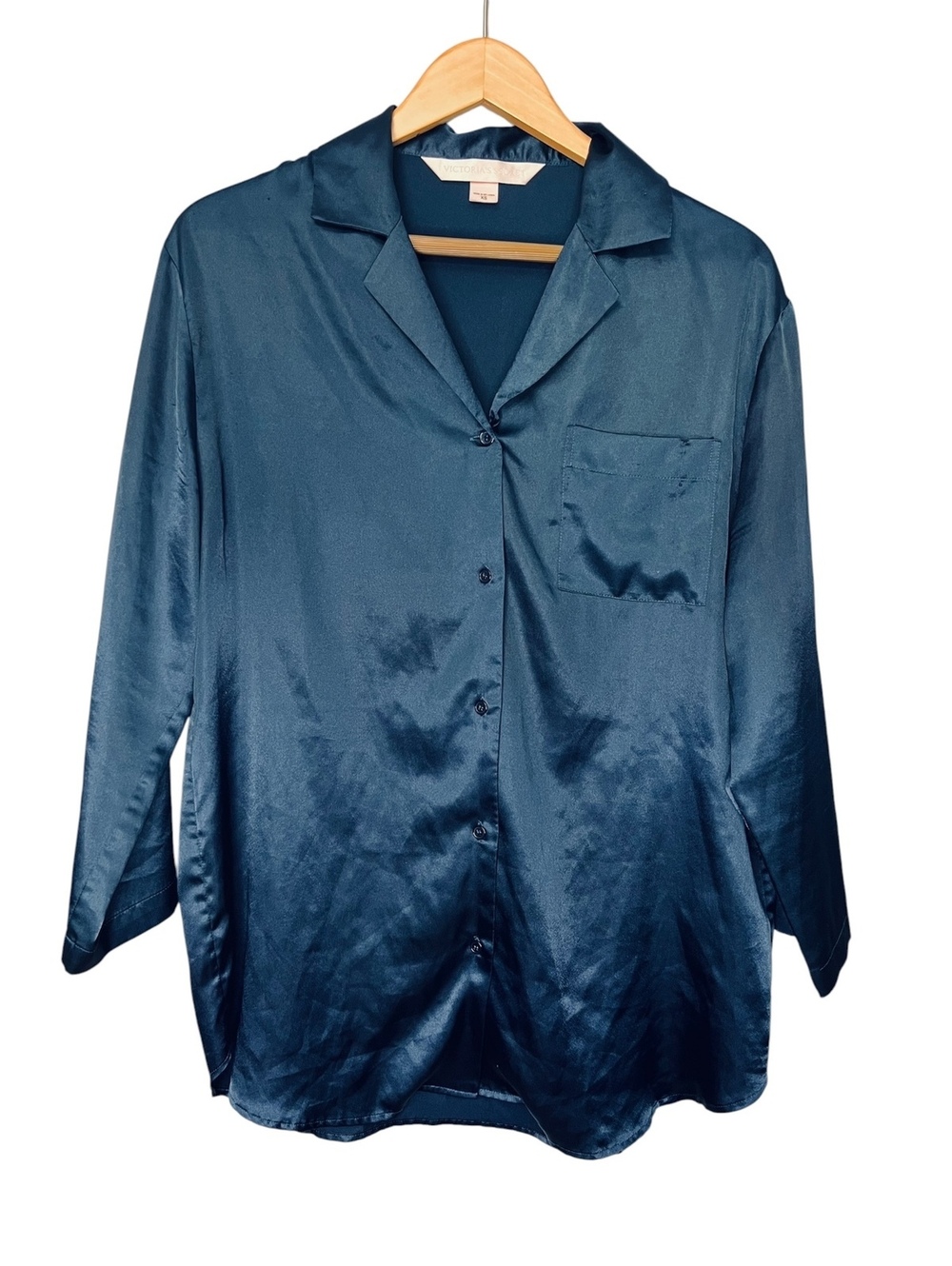 Victoria’s Secret Satin Pajama Shirt Top XS Blue Teal Long Sleeve Button Down